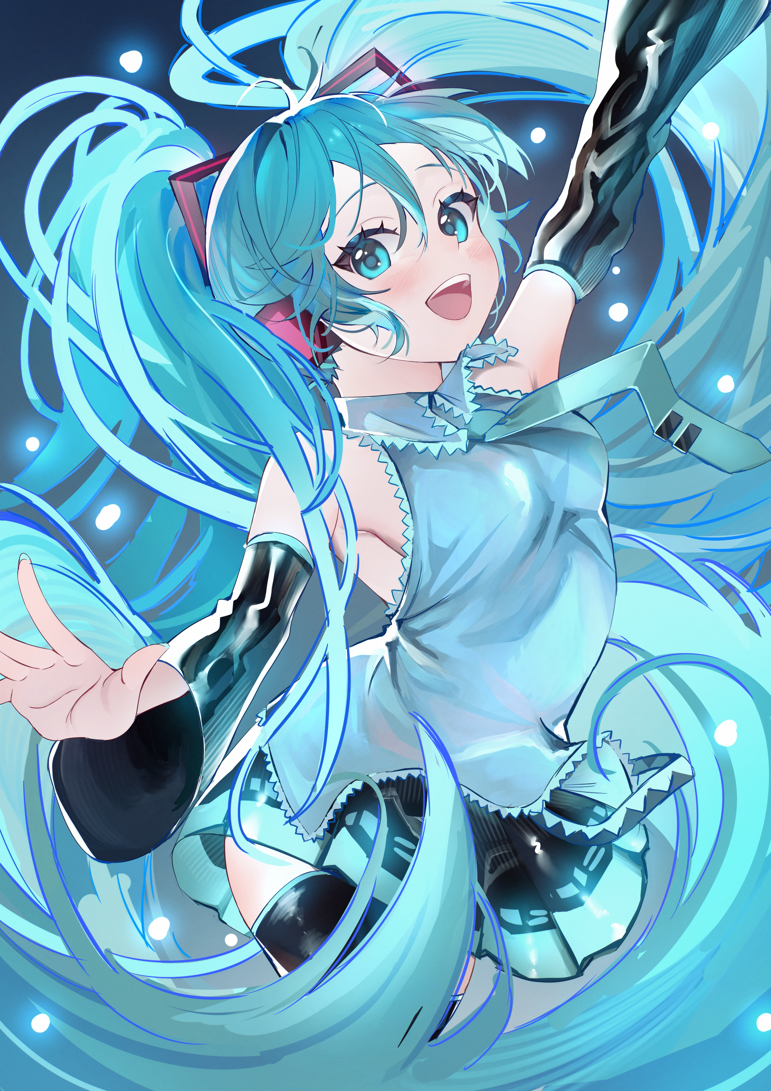 wasemkn, hatsune miku, vocaloid, absurdres, highres, 1girl, aqua eyes, aqua hair, aqua nails, aqua necktie, aqua trim, arm up, armpits, black skirt, blush, breasts, collared shirt, detached sleeves, grey shirt, hair between eyes, hair ornament, headset, long hair, long sleeves, looking at viewer, miniskirt, necktie, open mouth, pleated skirt, shirt, skirt, sleeveless, sleeveless shirt, smile, solo, twintails, very long hair, wide sleeves