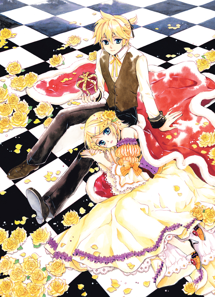 m-ca, mca (dessert candy), allen avadonia, kagamine len, kagamine rin, riliane lucifen d'autriche, aku no musume (vocaloid), evillious nendaiki, vocaloid, bad id, bad pixiv id, 1boy, 1girl, blonde hair, blue eyes, brother and sister, cape, crown, dress, flower, formal clothes, hair ornament, hairclip, lying, on side, siblings, sitting, smile, twins