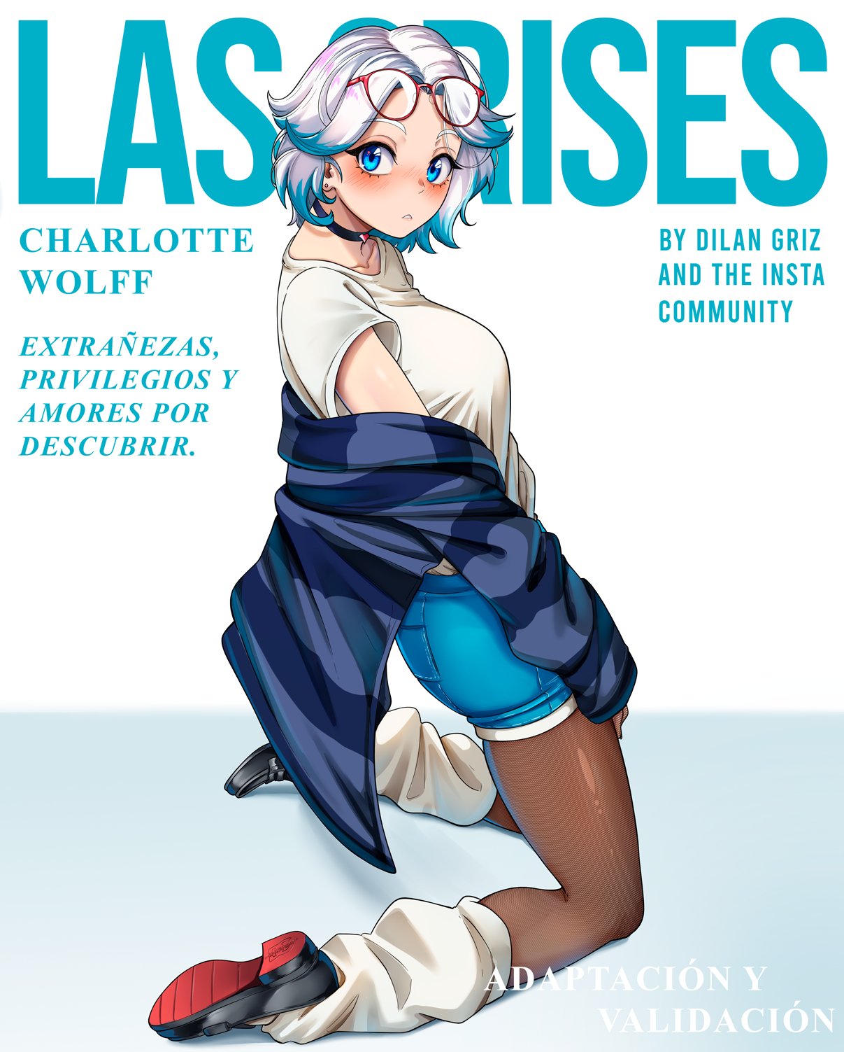 dilan griz, charlotte (dilan griz), original, commentary, english commentary, highres, 1girl, black choker, black shoes, blue cardigan, blue eyes, blue hair, blue shorts, blush, breasts, brown pantyhose, cardigan, cardigan partially removed, character name, choker, collarbone, colored tips, cover, earrings, eyewear on head, fake magazine cover, full body, glasses, jewelry, kneeling, large breasts, long sleeves, looking at viewer, loose socks, magazine cover, multicolored hair, pantyhose, parted hair, parted lips, shirt, shoes, short hair, short shorts, short sleeves, shorts, socks, solo, spanish text, striped cardigan, stud earrings, white background, white hair, white shirt, white socks