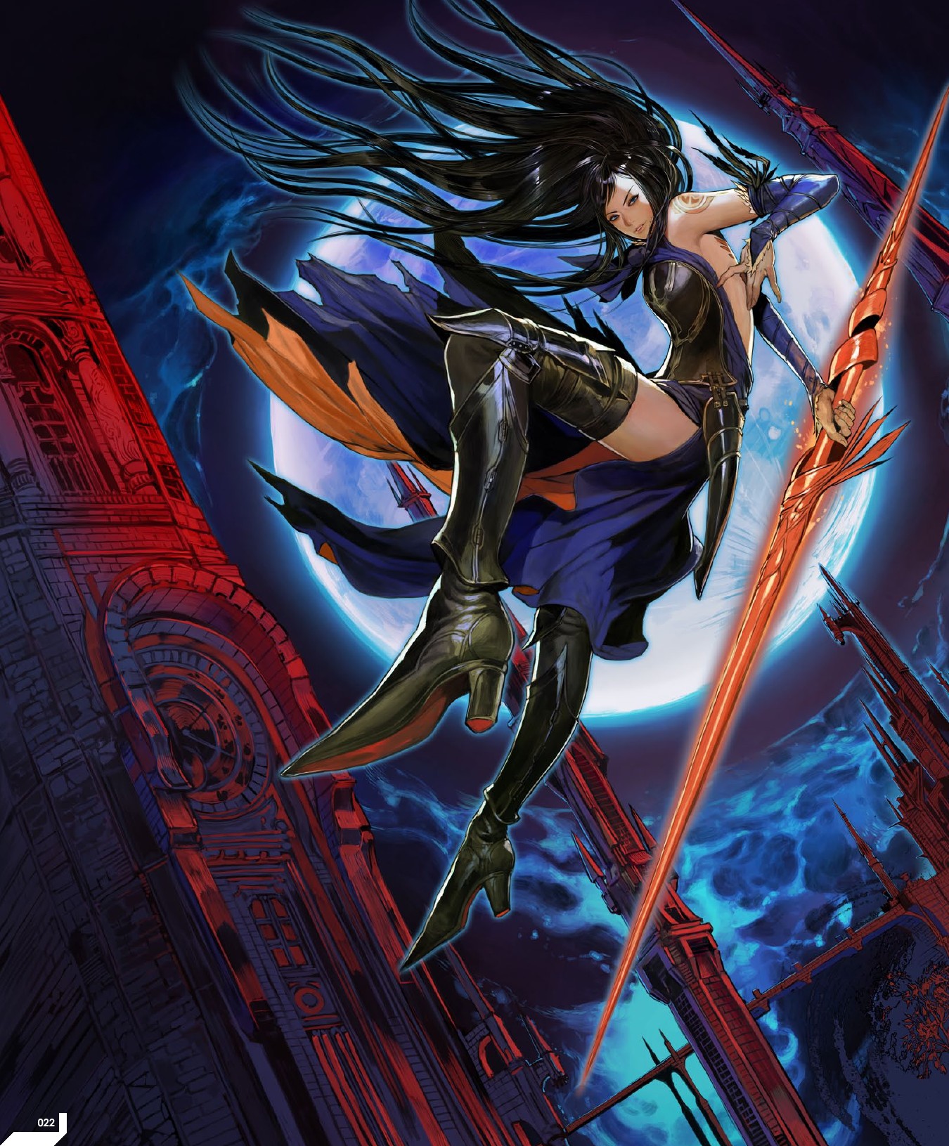 hirooka masaki, shanoa (castlevania), castlevania: order of ecclesia, castlevania (series), konami, highres, official art, scan, 1girl, armpits, bare shoulders, black hair, black thighhighs, boots, bridal gauntlets, dress, elbow gloves, falling, female focus, fingerless gloves, full moon, gloves, glowing, goth fashion, high heels, long hair, moon, night, night sky, outdoors, polearm, shoes, sky, solo, spear, tattoo, thigh boots, thighhighs, very long hair, weapon, zettai ryouiki