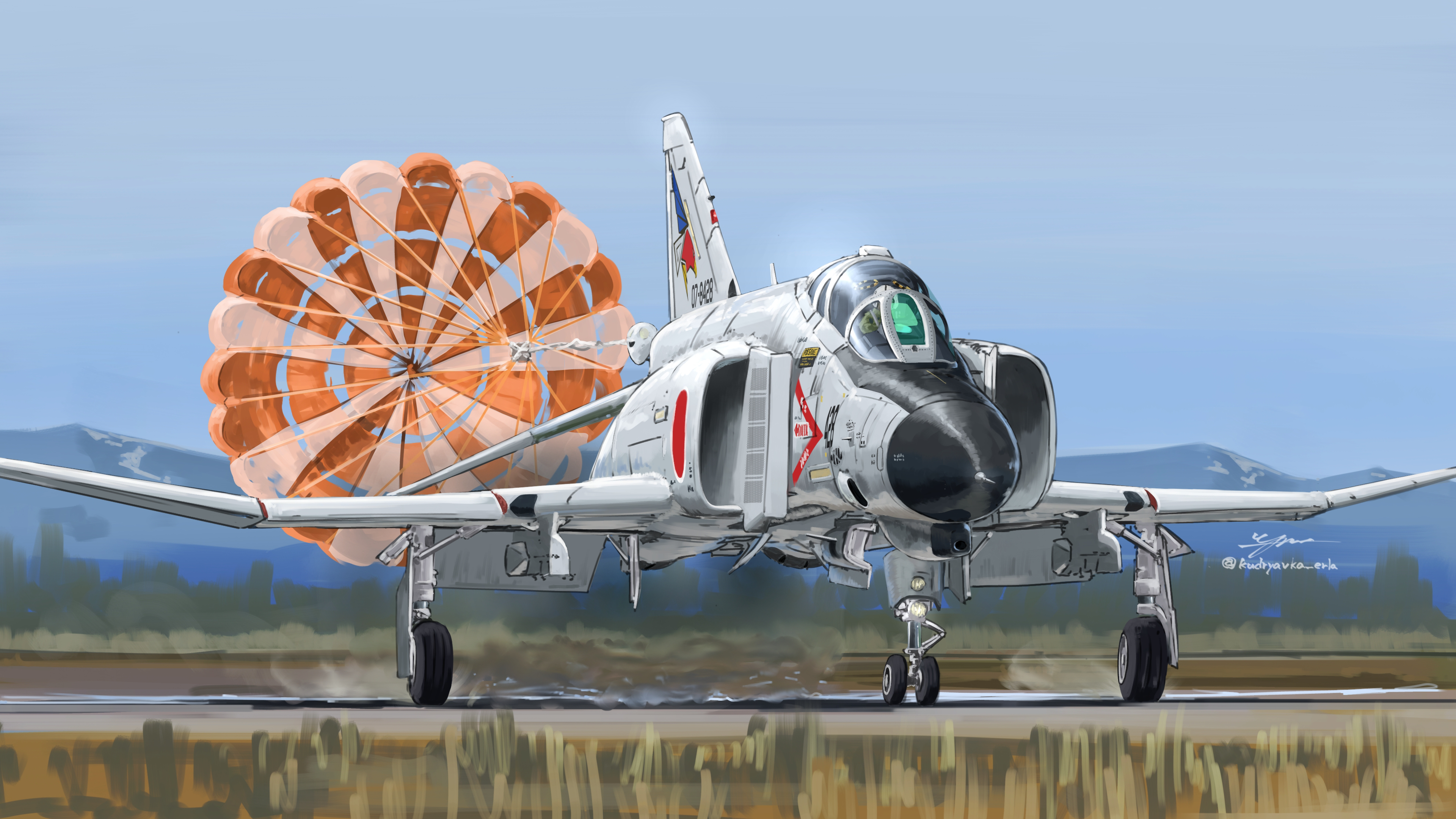 kudryavka trop, f-4 phantom ii, japan air self-defense force, japan self-defense force, original, absurdres, commentary request, highres, 1other, aircraft, airplane, artist name, blue sky, canopy (aircraft), day, fighter jet, flight suit, grass, heat haze, helmet, landing gear, military, military vehicle, mountainous horizon, outdoors, parachute, pilot, pilot helmet, red sun, roundel, runway, signature, sky, solo, tree, vehicle focus