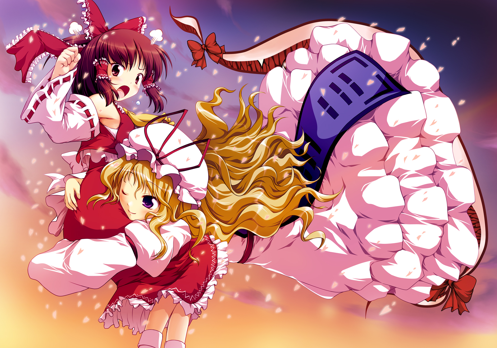 murasaki kajima, hakurei reimu, yakumo yukari, touhou, highres, 2girls, angry, blonde hair, brown hair, detached sleeves, female focus, gap (touhou), glomp, hat, hug, japanese clothes, long hair, miko, multiple girls, one eye closed, purple eyes, short hair, wink