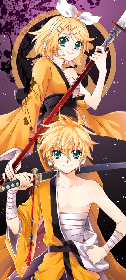 m-ca, mca (dessert candy), kagamine len, kagamine rin, gekokujou (vocaloid), vocaloid, bad id, bad pixiv id, 1boy, 1girl, aqua eyes, blonde hair, brother and sister, flower, gekokujou, gradient background, hair ornament, hair ribbon, hairclip, hand on own hip, holding, holding sword, holding weapon, japanese clothes, katana, polearm, purple background, ribbon, sarashi, short hair, siblings, smile, spear, swept bangs, sword, twins, weapon