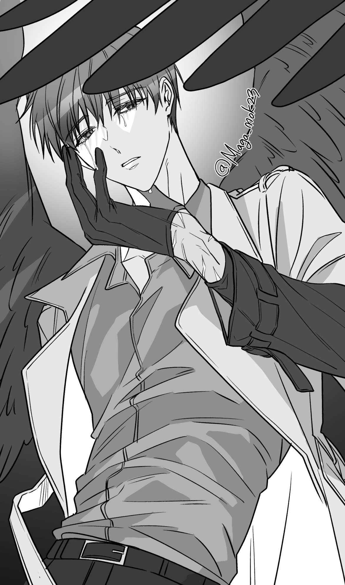 maga mok23, kim dokja, yoo joonghyuk, omniscient reader's viewpoint, highres, 1boy, 1other, belt, black eyes, black hair, black wings, coat, collared shirt, crying, crying with eyes open, feathered wings, hand on another's face, head tilt, looking at viewer, male focus, official alternate costume, open clothes, open coat, out of frame, parted lips, popped collar, shirt, short hair, tears, twisted torso, white coat, wings