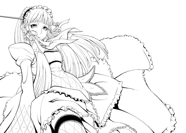 yasohachi ryou, yoshino chidori, atlus, persona, persona 3, blunt bangs, dress, gothic lolita, greyscale, hairband, lolita fashion, long hair, monochrome, thighhighs