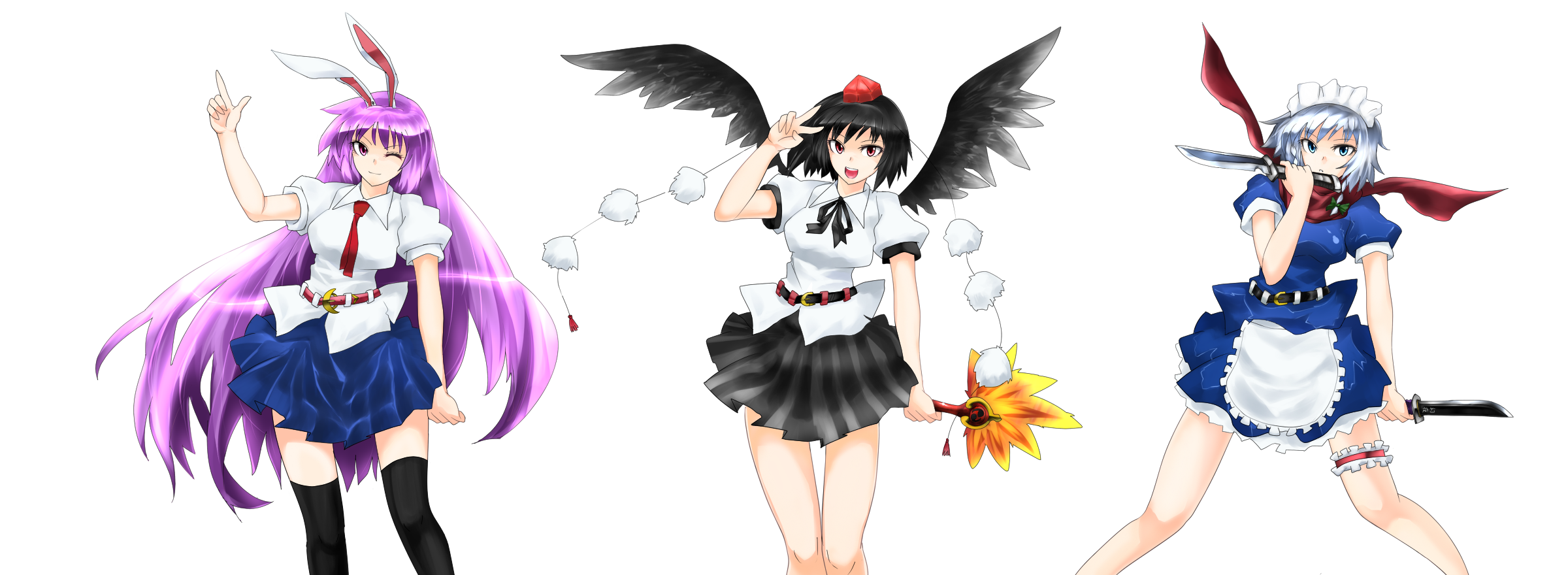 nanban teishoku, izayoi sakuya, reisen udongein inaba, shameimaru aya, touhou, silver hair, bad id, bad pixiv id, highres, long image, wide image, 3girls, animal ears, black hair, black wings, blue eyes, braid, female focus, hairband, hand fan, hat, knife, long hair, maid, multiple girls, necktie, purple hair, rabbit ears, red eyes, scarf, short hair, skirt, thighhighs, tokin hat, twin braids, v, white background, wings