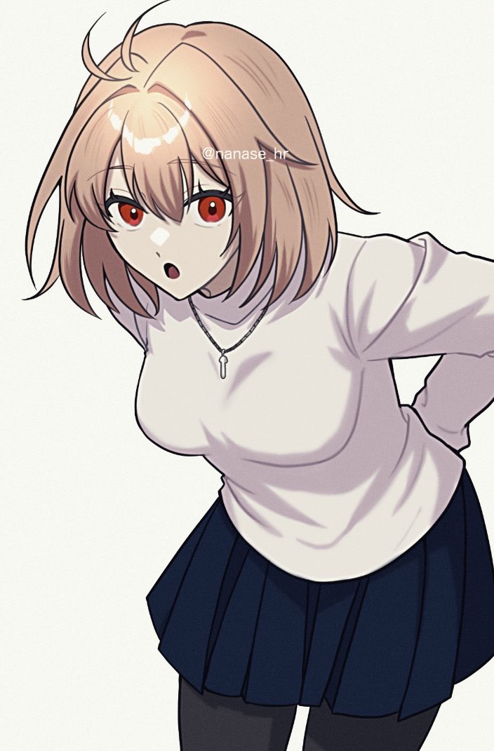 nanase hr, arcueid brunestud, tsukihime, tsukihime (remake), 1girl, black pantyhose, blonde hair, blue skirt, breasts, large breasts, looking at viewer, open mouth, pantyhose, pleated skirt, red eyes, shirt, short hair, skirt, solo, twitter username, white shirt