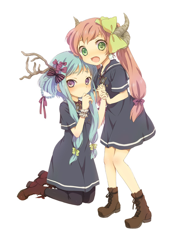 kona, kona (canaria), original, 2girls, aqua hair, bow, green eyes, hair bow, holding hands, horns, long hair, multiple girls, pantyhose, pink hair, purple eyes, twintails, wrist cuffs