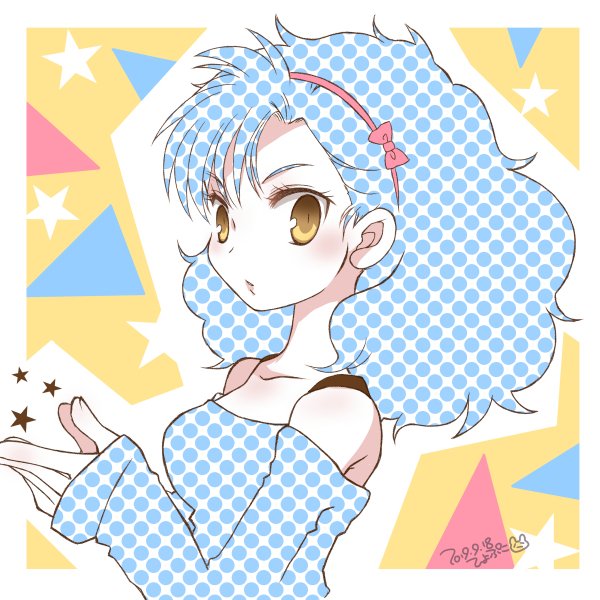 hiyopuko, original, fluffy hair, commentary request, 1girl, artist name, black bra, border, bow, bow hairband, bra, bra strap, breasts, brown eyes, collarbone, dated, from side, hairband, hands up, long sleeves, looking at viewer, medium breasts, medium hair, off-shoulder shirt, off shoulder, outside border, parted lips, pink bow, pink hairband, polka dot, polka dot hair, polka dot shirt, shirt, sleeves past wrists, solo, star (symbol), underwear, upper body, white border