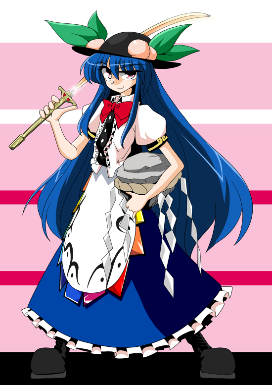 kieyza, hinanawi tenshi, touhou, 1girl, blue hair, female focus, food, fruit, full body, hat, kaname-ishi, long hair, peach, rock, rope, shimenawa, solo, standing, sword, sword of hisou, weapon