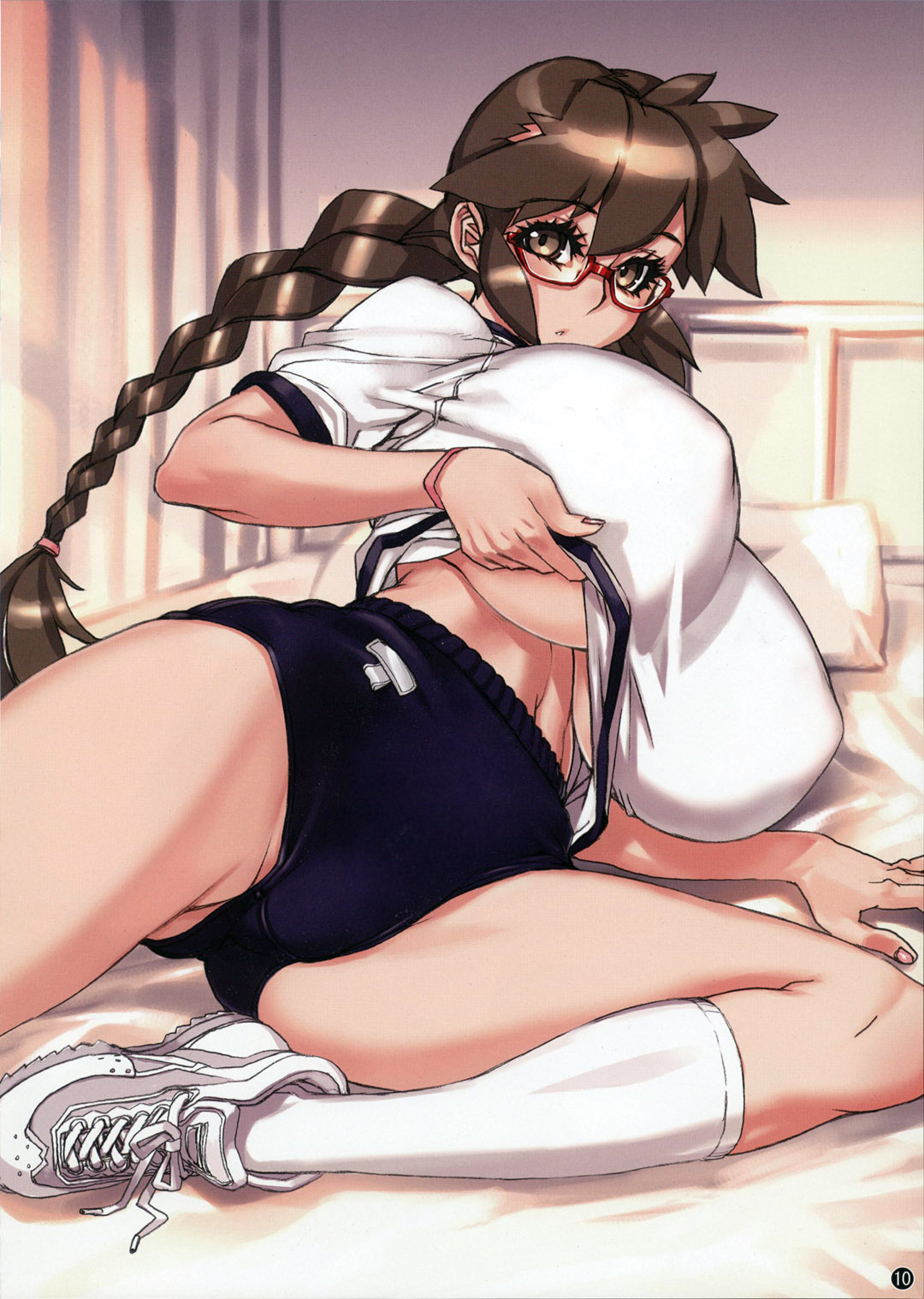vrkdh, original, highres, 1girl, bed, braid, breasts, brown eyes, brown hair, buruma, clothes lift, female focus, glasses, gym uniform, huge breasts, infirmary, large breasts, lying, no bra, on side, pillow, shirt lift, shoes, sneakers, socks, solo, twin braids