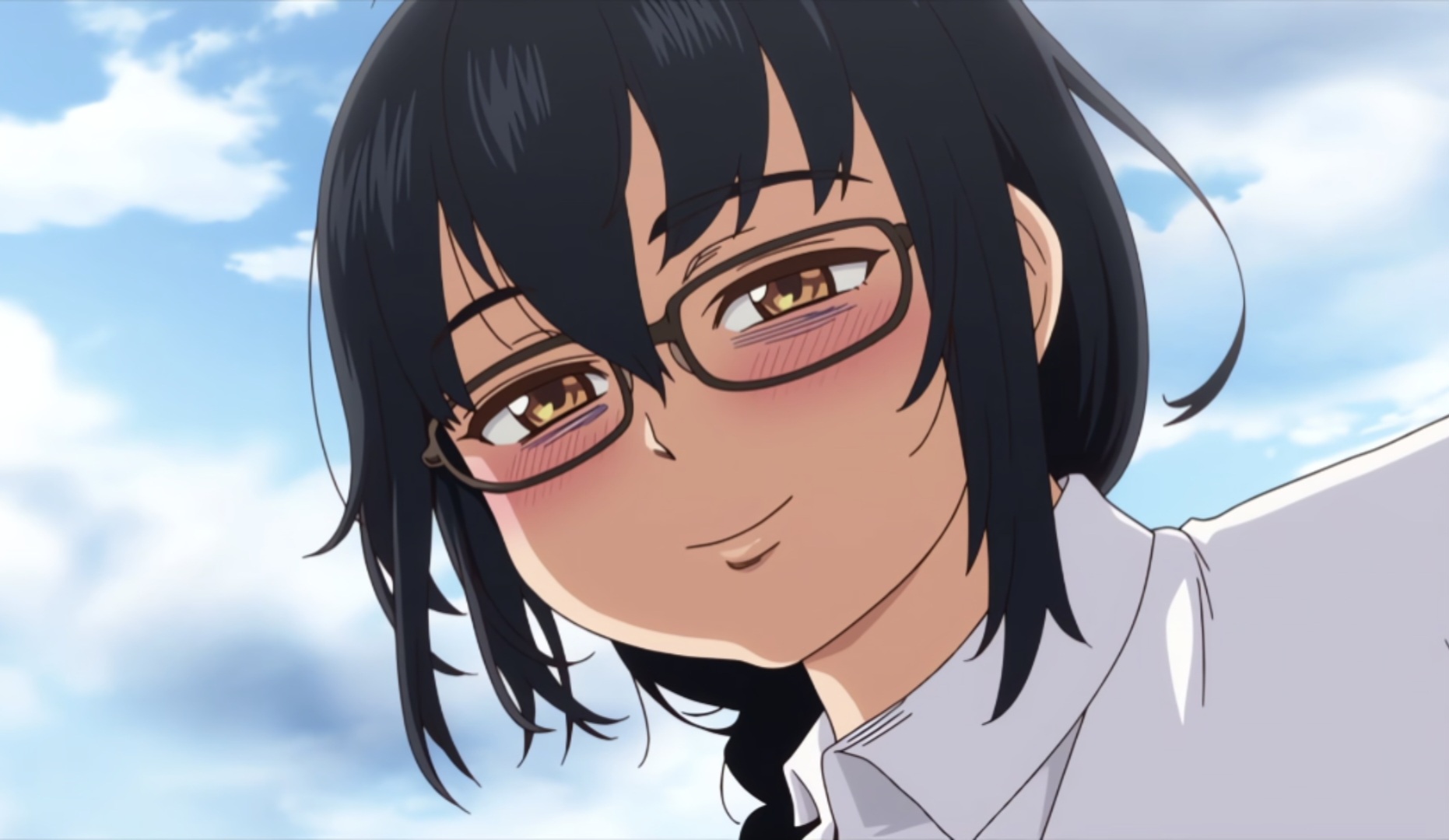 kirishima reiko (shounen ga otona ni natta natsu), anime screenshot, highres, 1girl, black hair, kirill (shounen ga otona ni natta natsu), short hair, smile, solo, yellow eyes