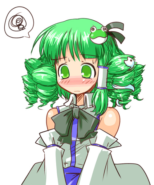 kanoe soushi, kochiya sanae, touhou, 1girl, alternate hairstyle, angry, blush, detached sleeves, drill hair, female focus, green eyes, green hair, simple background, solo, standing, upper body, white background