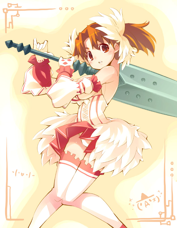 super zombie, suupaa zonbi, fantasy earth zero, character request, 1girl, brown hair, fantasy, female focus, panties, ponytail, solo, sword, thighhighs, underwear, weapon, white panties, white thighhighs