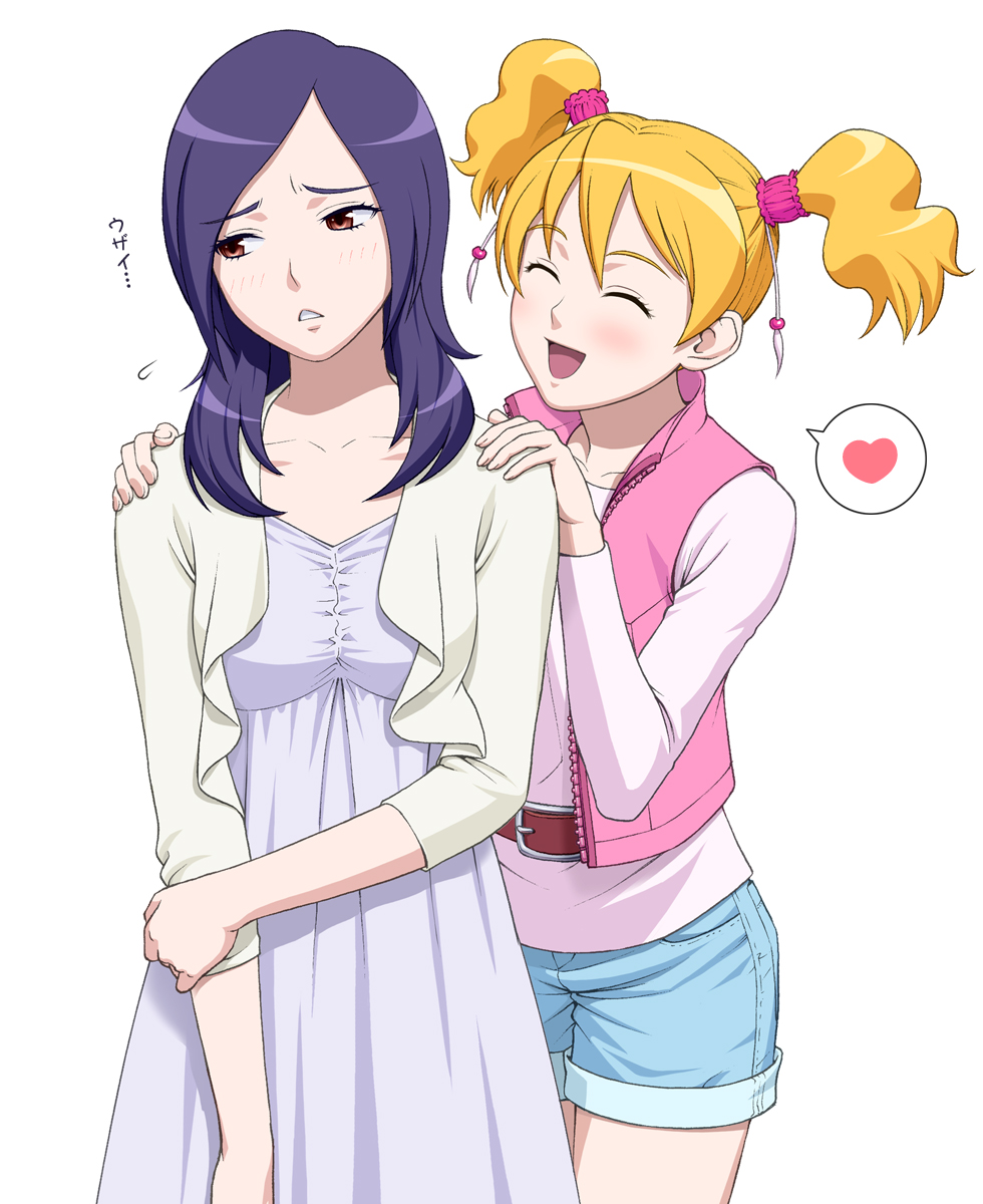 ichikawa masahiro, higashi setsuna, momozono love, fresh precure!, precure, looking away, highres, 00s, 2girls, ^ ^, annoyed, averting eyes, blonde hair, blue hair, casual, closed eyes, eyelashes, heart, multiple girls, open mouth, red eyes, short twintails, shorts, smile, twintails