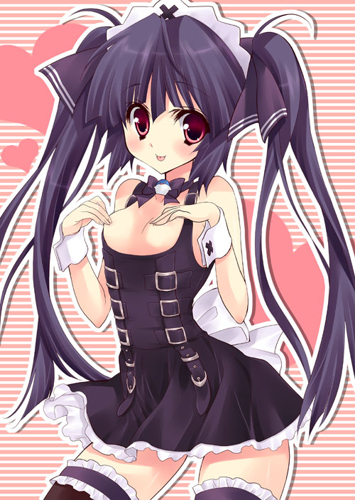 yukiwo, kooh (pangya), pangya, 1girl, :p, black hair, blush, female focus, frilled thighhighs, frills, hair ribbon, long hair, red eyes, ribbon, solo, thighhighs, tongue, tongue out, twintails, wrist cuffs