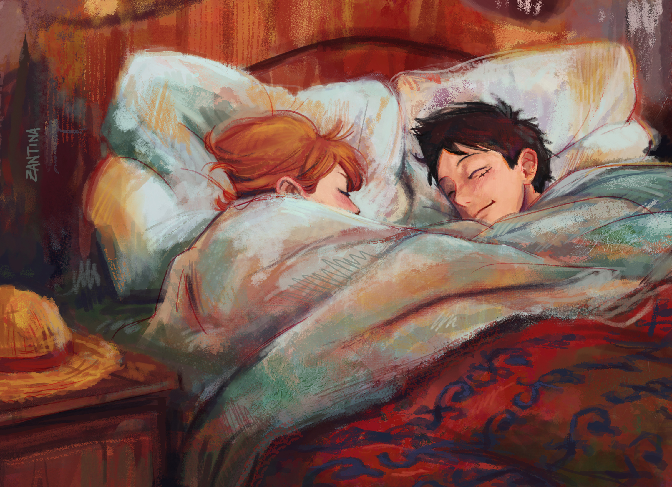 zantinaa, monkey d. luffy, nami (one piece), one piece, commentary, english commentary, highres, 1boy, 1girl, artist name, bed, black hair, closed eyes, closed mouth, facial scar, hat, indoors, lying, on bed, on side, orange hair, pillow, scar, scar on cheek, scar on face, short hair, signature, sleeping, straw hat, under covers, unworn headwear, upper body