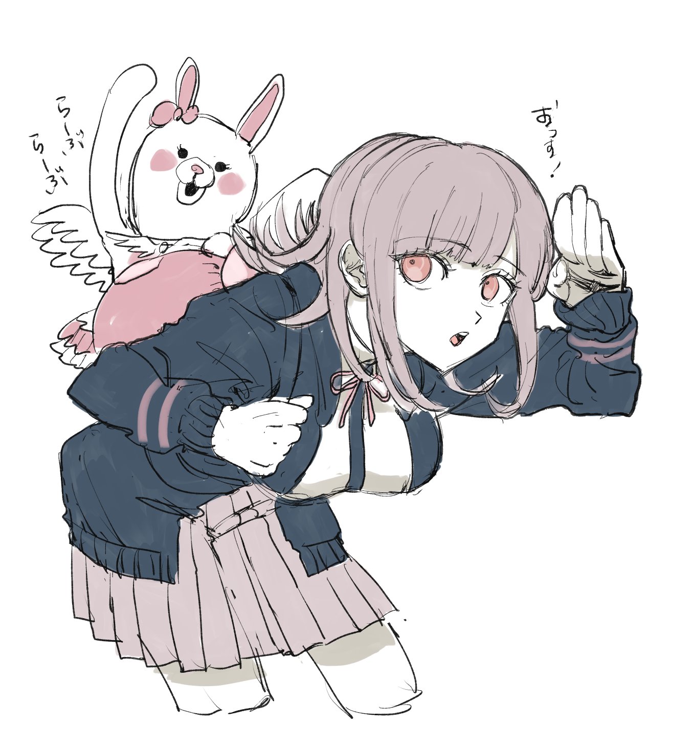 hyakumai, nanami chiaki, usami (danganronpa), danganronpa (series), danganronpa 2: goodbye despair, highres, translation request, 1girl, :o, black shirt, bow, breasts, brown hair, collared shirt, cropped legs, ear bow, flipped hair, hair ornament, jacket, long sleeves, medium hair, neck ribbon, open clothes, open jacket, pink bow, pink eyes, pink ribbon, pleated skirt, ribbon, shirt, simple background, skirt, teeth, two-tone shirt, upper teeth only, white background, white shirt, wings