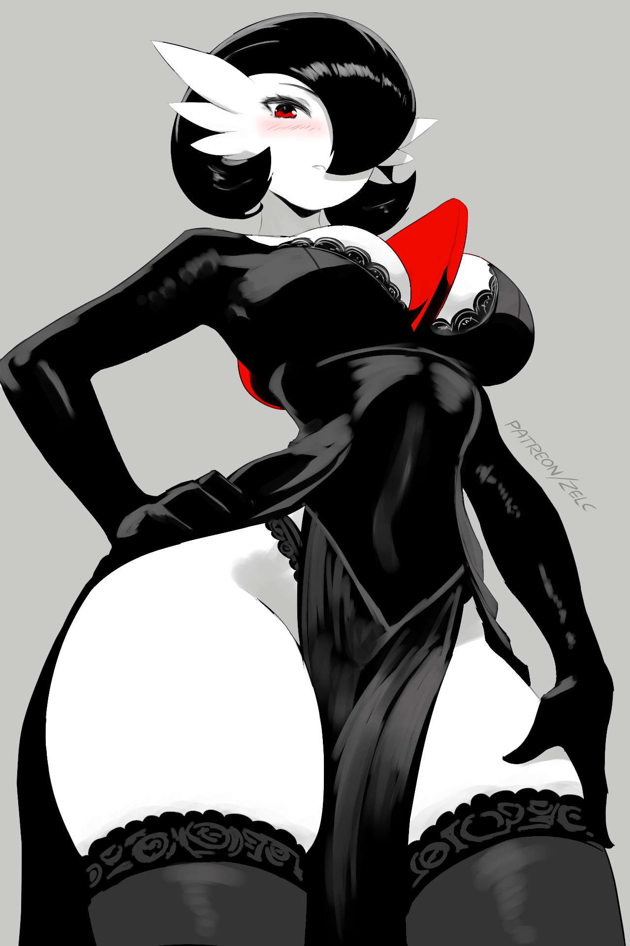 zelc-face, gardevoir, nintendo, pokemon, commentary, highres, 1girl, alternate color, black dress, black hair, black thighhighs, breasts, cleavage, dress, gen 3 pokemon, gloves, grey background, hand on own hip, large breasts, looking at viewer, pelvic curtain, pokemon (creature), red eyes, short hair, simple background, skirt, solo, thick thighs, thighhighs, thighs, white skirt