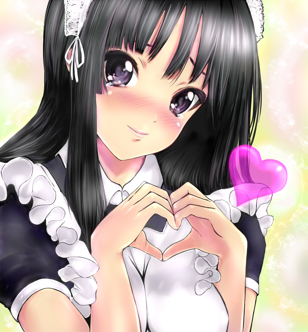 mamoru, mamoru (mamoru jinja), akiyama mio, k-on!, 00s, 1girl, alternate costume, black eyes, black hair, blush, breasts, breasts squeezed together, enmaided, female focus, heart, heart hands, long hair, maid, maid headdress, moe moe kyun!, smile, solo, tears