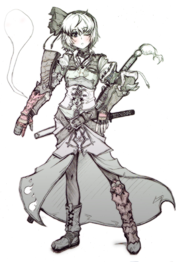 tes & naoto, konpaku youmu, konpaku youmu (ghost), touhou, silver hair, 1girl, :<, alternate costume, armor, female focus, full body, gauntlets, ghost, hairband, katana, pantyhose, sheath, sheathed, short hair, skirt, solo, sword, weapon, white background, wink