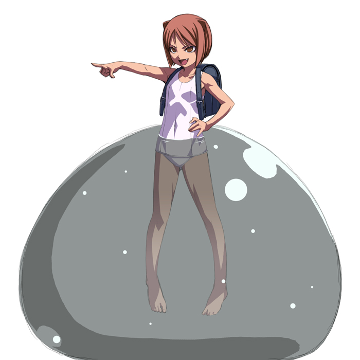 tasaka shinnosuke, daidouji kira, aq interactive, arcana heart, atlus, examu, 1girl, alternate color, backpack, bag, barefoot, feet, female focus, hand on own hip, hip focus, one-piece swimsuit, pointing, randoseru, school swimsuit, slime (creature), solo, swimsuit, white one-piece swimsuit, white school swimsuit