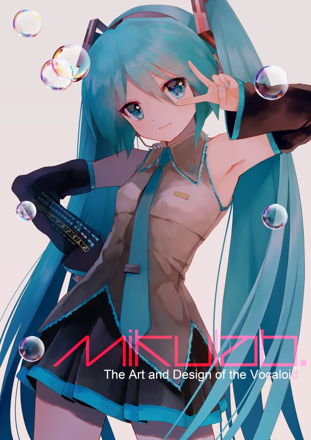 takepon1123, hatsune miku, vocaloid, commentary request, highres, 1girl, aqua eyes, aqua hair, aqua nails, aqua necktie, aqua trim, arm up, armpits, black skirt, breasts, closed mouth, collared shirt, detached sleeves, grey shirt, hair between eyes, hair ornament, long hair, long sleeves, looking at viewer, miniskirt, necktie, pleated skirt, shirt, skirt, sleeves past wrists, small breasts, solo, twintails, v, very long hair, wide sleeves