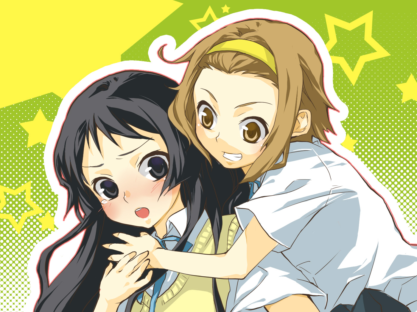 folala, akiyama mio, tainaka ritsu, k-on!, light brown hair, bad id, bad pixiv id, 00s, 2girls, black eyes, black hair, blush, brown eyes, brown hair, grin, headband, hime cut, hug, long hair, multiple girls, school uniform, short hair, smile, star (symbol), sweater vest, tomboy