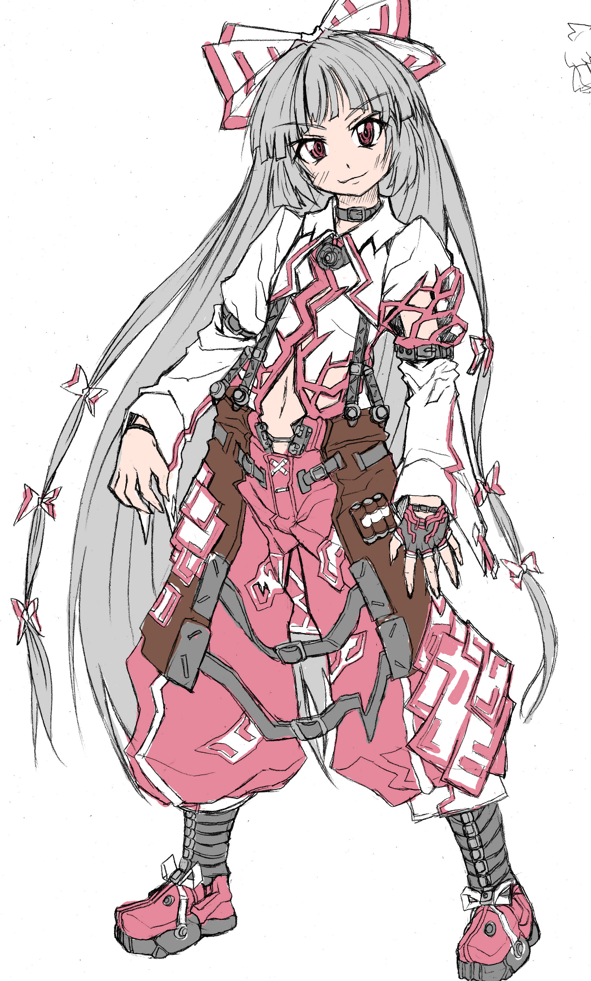 tes & naoto, fujiwara no mokou, touhou, silver hair, absurdres, highres, 1girl, alternate costume, bow, female focus, fingerless gloves, full body, gloves, hair bow, hair ribbon, long hair, multiple hair bows, red eyes, ribbon, sketch, smile, solo, standing, white background