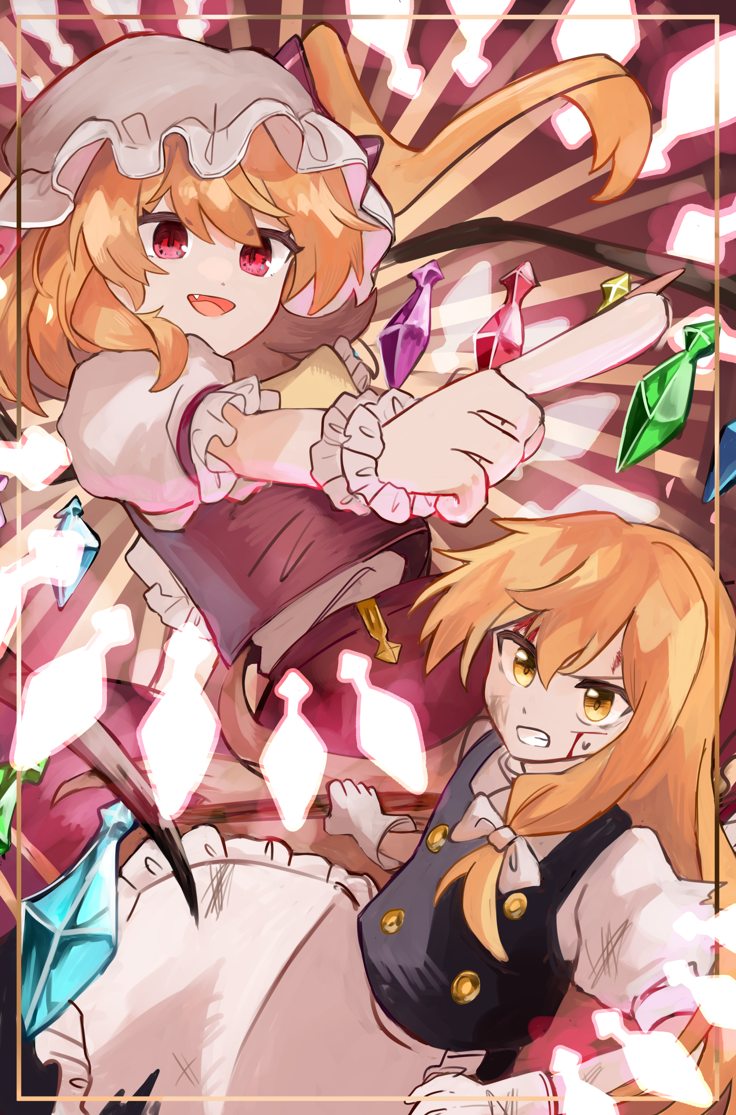 flandre scarlet, kirisame marisa, marione, touhou, absurdres, highres, 2girls, ascot, blonde hair, bow, crystal, crystal wings, fang, frills, hair between eyes, hat, hat ribbon, long hair, looking at viewer, mob cap, multiple girls, no headwear, open mouth, pointing, puffy short sleeves, puffy sleeves, red eyes, red vest, ribbon, shirt, short hair, short sleeves, side ponytail, skirt, skirt set, smile, vest, white shirt, wings, wrist cuffs, yellow ascot, yellow eyes