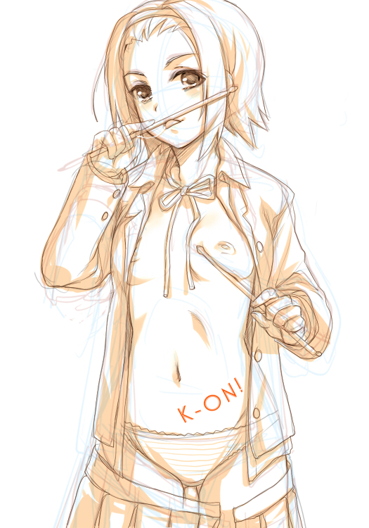 kiada, tainaka ritsu, k-on!, unfinished, 00s, 1girl, blazer, breasts, drumsticks, female focus, jacket, licking, monochrome, navel, nipples, open clothes, open shirt, panties, ribbon, school uniform, shirt, short hair, sketch, small breasts, solo, tomboy, tongue, underwear, undressing