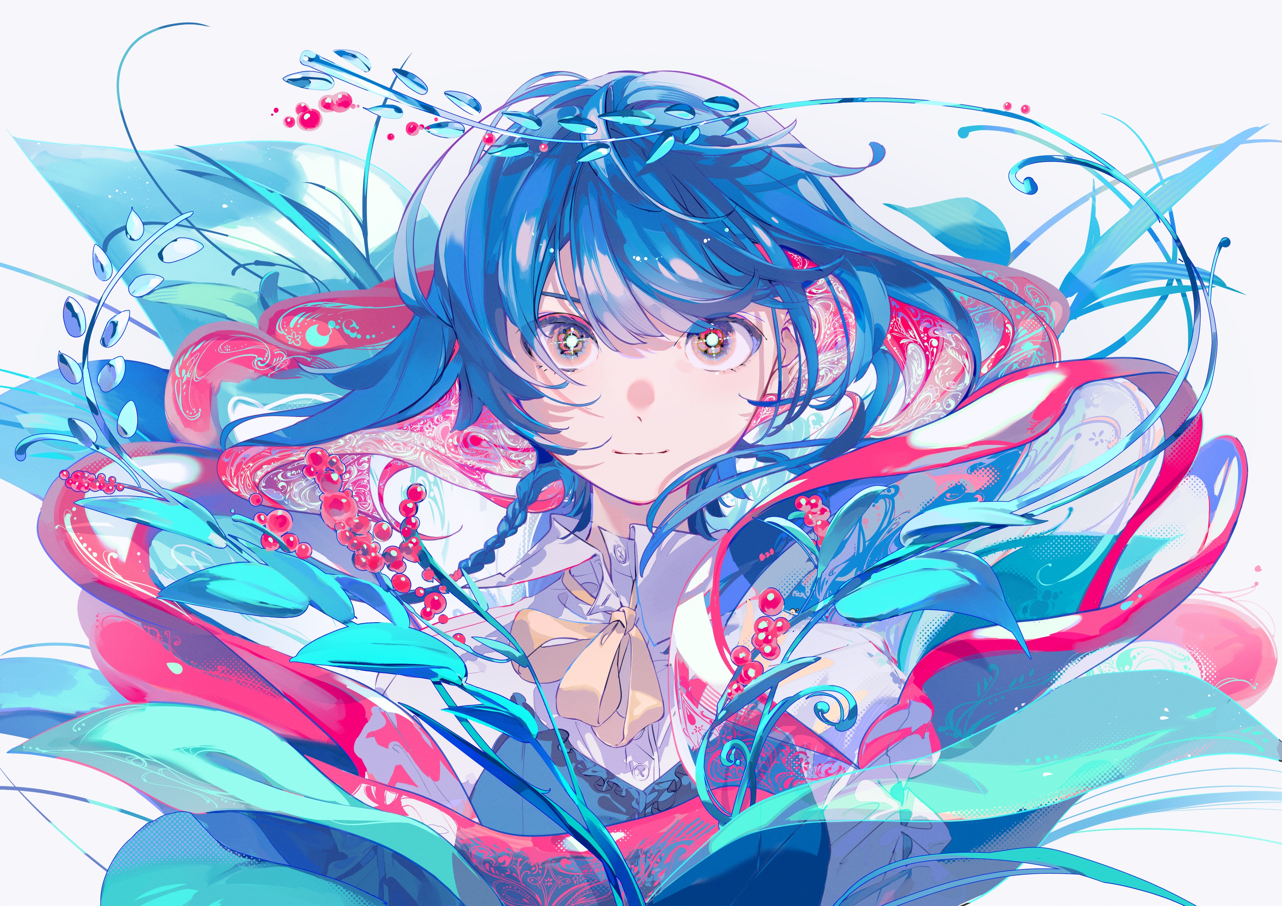 ritao kamo, original, absurdres, highres, 1girl, blue hair, flower, light smile, long hair, looking at viewer, simple background, smile, white background