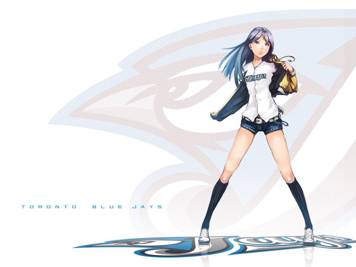 ekao, kisaragi chihaya, idolmaster, idolmaster (classic), toronto blue jays, bad id, bad pixiv id, 00s, 1girl, baseball, blue hair, brown eyes, canada, female focus, jacket, legs, long hair, long legs, realistic, short shorts, shorts, solo