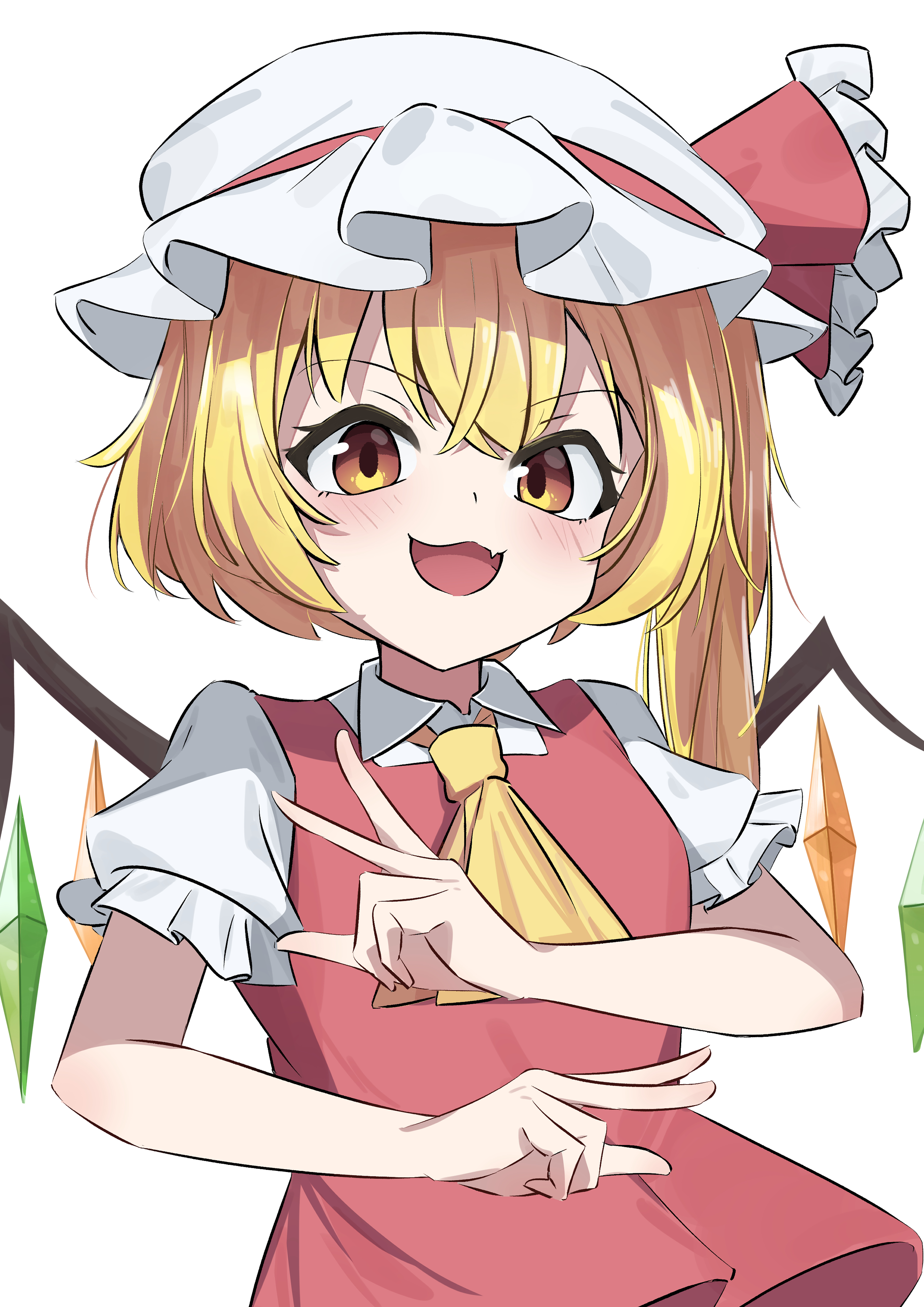 tomoshi sora, flandre scarlet, touhou, absurdres, highres, 1girl, :d, ascot, blonde hair, blush, bow, collared shirt, cowboy shot, crystal, crystal wings, fang, frilled shirt collar, frills, hair between eyes, hat, hat ribbon, looking at viewer, mob cap, open mouth, puffy short sleeves, puffy sleeves, red eyes, red ribbon, red vest, ribbon, shirt, short hair, short sleeves, side ponytail, simple background, smile, solo, upper body, vest, white background, white shirt, wings, yellow ascot