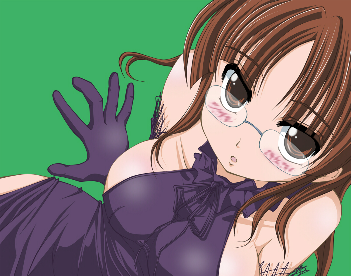 ranshin, akizuki ritsuko, idolmaster, idolmaster (classic), 00s, 1girl, bare shoulders, blush, breasts, brown eyes, brown hair, dress, elbow gloves, female focus, from above, glasses, gloves, hair down, large breasts, long hair, looking down, sideboob, simple background, solo