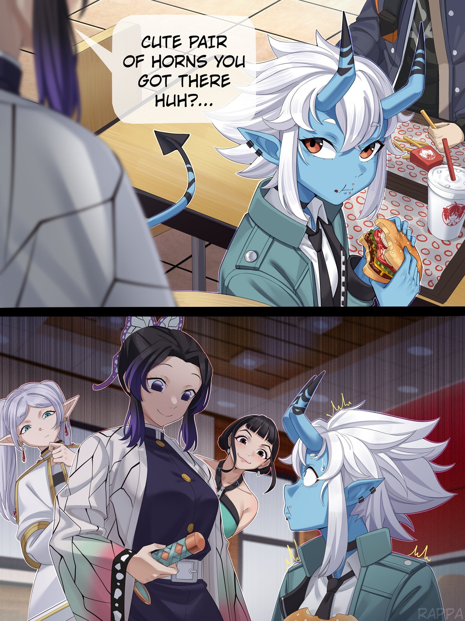 rappa (sirrappa), frieren, kochou shinobu, soukaku (zenless zone zero), wise (zenless zone zero), kimetsu no yaiba, sousou no frieren, zenless zone zero, character request, commentary, copyright request, english commentary, highres, 1boy, 4girls, ^^^, artist name, black necktie, blue horns, blue skin, burger, butterfly hair ornament, colored skin, crossover, cup, demon slayer uniform, drinking straw, earrings, eating, elf, food, green eyes, green jacket, grey hair, hair ornament, holding, holding burger, holding food, holding sword, holding weapon, horns, indoors, jacket, japanese clothes, jewelry, katana, long sleeves, looking at another, multiple girls, necktie, oni, pocky, pointy ears, purple eyes, purple hair, red eyes, shirt, short hair, sitting, sword, table, tail, twintails, weapon, white hair, white shirt