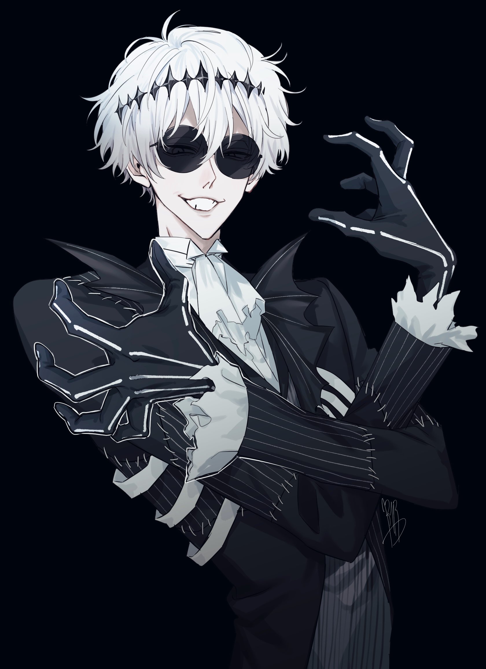 khr, skully j. graves, twisted wonderland, highres, 1boy, ascot, black crown, black gloves, crossed arms, crown, diamond hairband, formal clothes, gloves, jacket, long sleeves, looking at viewer, male focus, missing tooth, pinstripe jacket, pinstripe pattern, pinstripe suit, pinstripe vest, round eyewear, short hair, skeleton, skeleton print, smile, solo, stitches, striped clothes, striped jacket, striped vest, suit, sunglasses, vertical-striped clothes, vertical-striped jacket, vertical-striped vest, vest, white hair