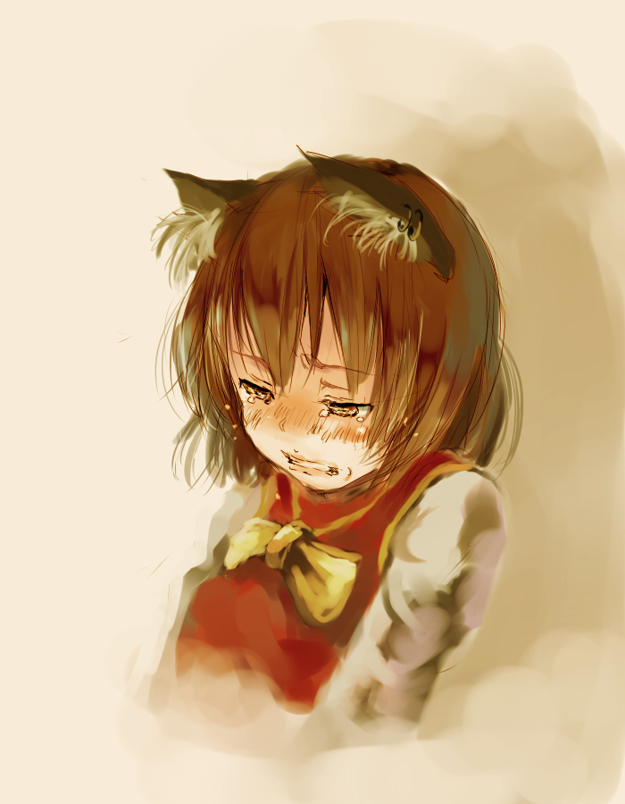 yae (mono110), chen, touhou, 1girl, animal ears, blush, brown hair, cat ears, cat girl, clenched teeth, crying, crying with eyes open, earrings, female focus, jewelry, no headwear, sad, short hair, sketch, solo, tears, teeth, upper body