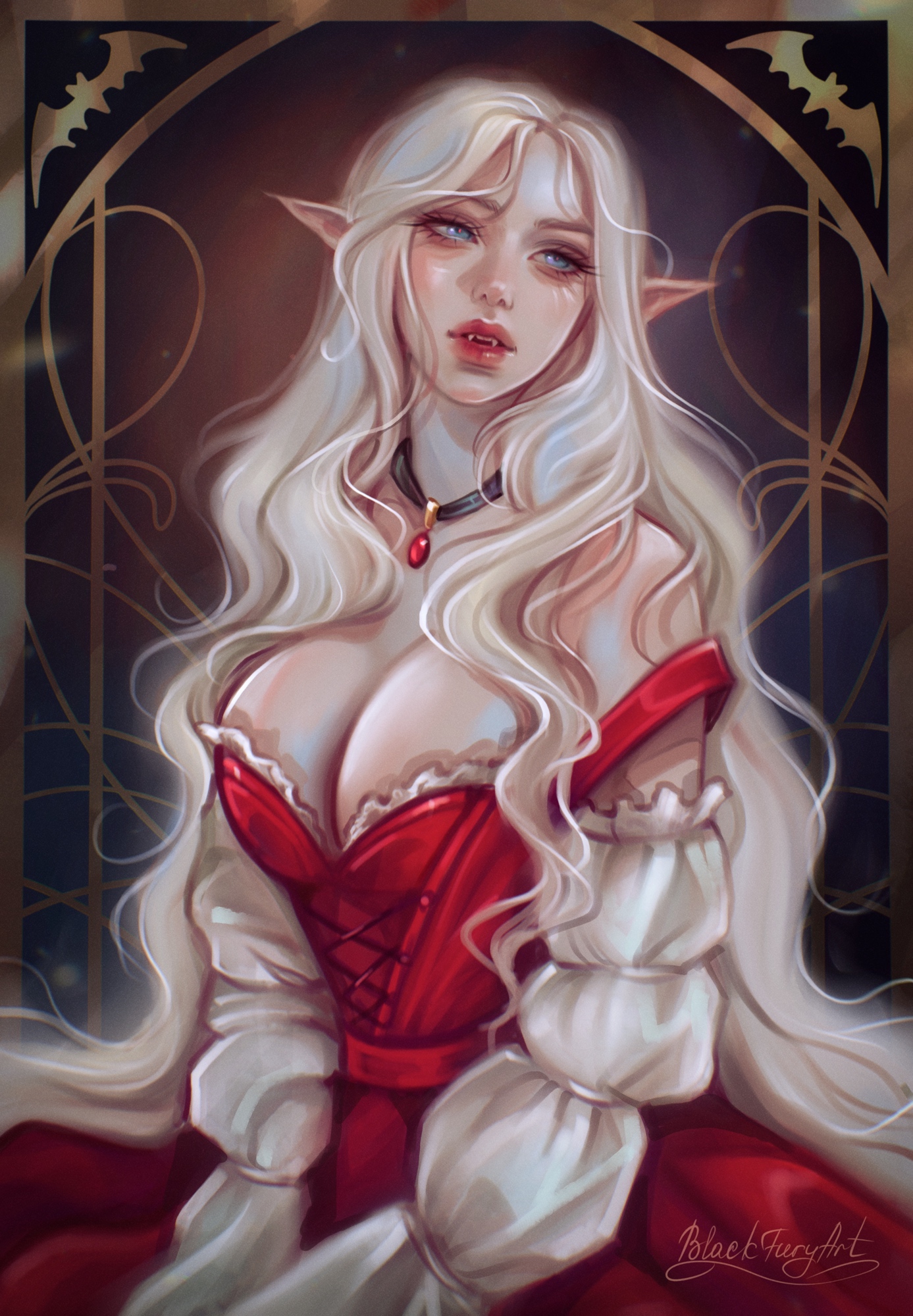 blackfuryart, original, highres, 1girl, artist name, black choker, breasts, choker, cleavage, collarbone, dress, english text, fangs, gem, half-closed eyes, large breasts, long hair, long sleeves, pointy ears, puffy long sleeves, puffy sleeves, red dress, red lips, solo, sophie (blackfuryart), teeth, vampire