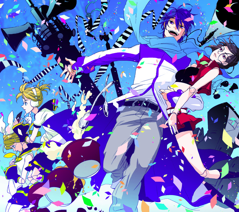 mu (haminimo), mu (pixiv14983), hatsune miku, kagamine len, kagamine rin, kaito (vocaloid), meiko (vocaloid), byakkoya no musume, koi wa sensou (vocaloid), paprika, saihate (vocaloid), vocaloid, bad id, bad pixiv id, 00s, 2boys, 3girls, blonde hair, blue eyes, blue hair, blue scarf, brown hair, crossover, doll, doll joints, food, hair ribbon, headphones, ice cream, joints, megaphone, multiple boys, multiple girls, open mouth, red eyes, ribbon, scarf, spoon, tears
