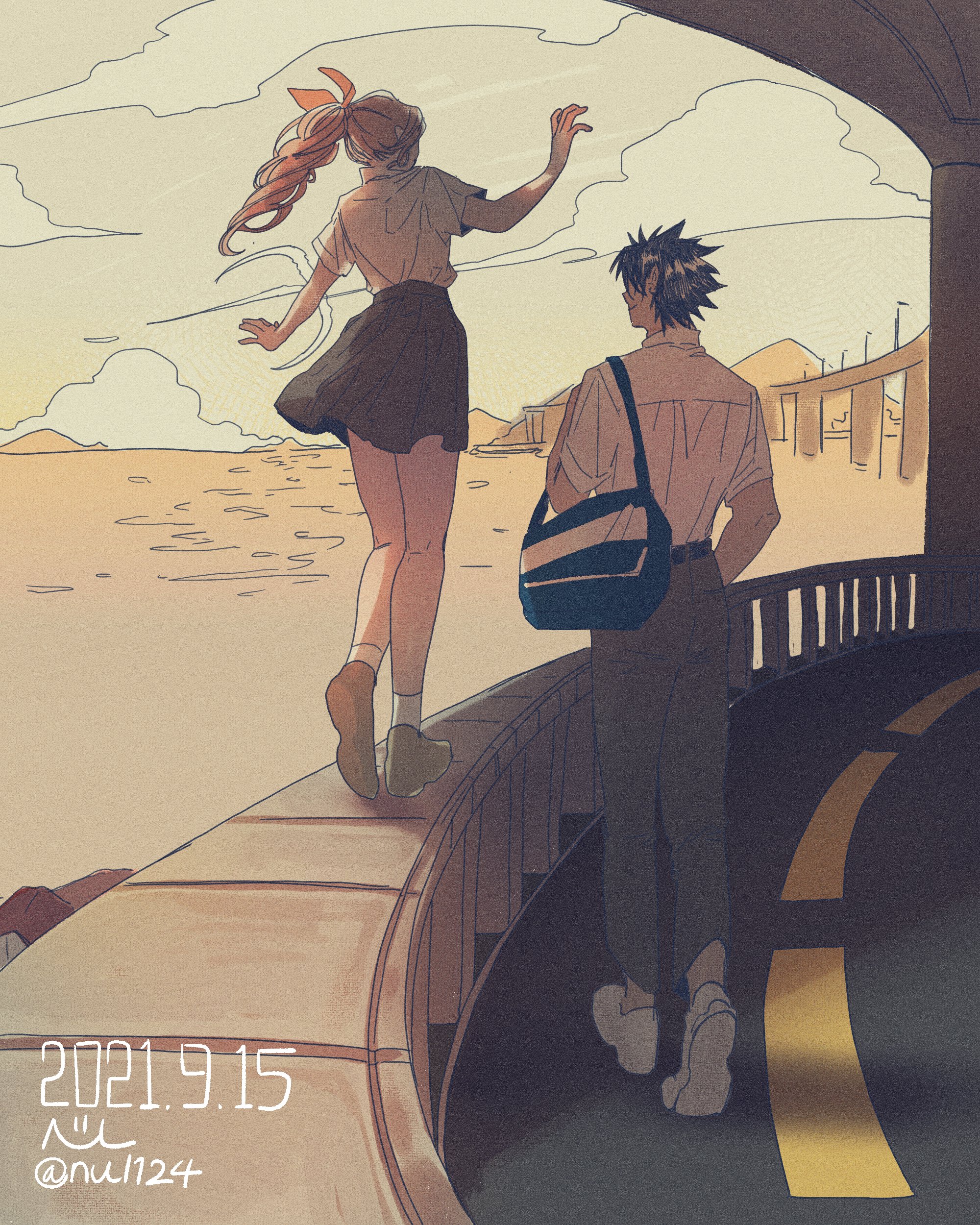 nul, aerith gainsborough, zack fair, crisis core final fantasy vii, final fantasy, final fantasy vii, absurdres, highres, 1boy, 1girl, alternate costume, alternate universe, bag, bare legs, black hair, braid, braided ponytail, bridge, brown hair, cloud, cloudy sky, contemporary, dated, from behind, grey pants, hair ribbon, horizon, long hair, looking at another, miniskirt, ocean, outdoors, pants, pink ribbon, pleated skirt, ponytail, ribbon, school uniform, shirt, shoes, short hair, short sleeves, shoulder bag, skirt, sky, socks, spiked hair, twitter username, walking, white shirt, white shoes, white socks