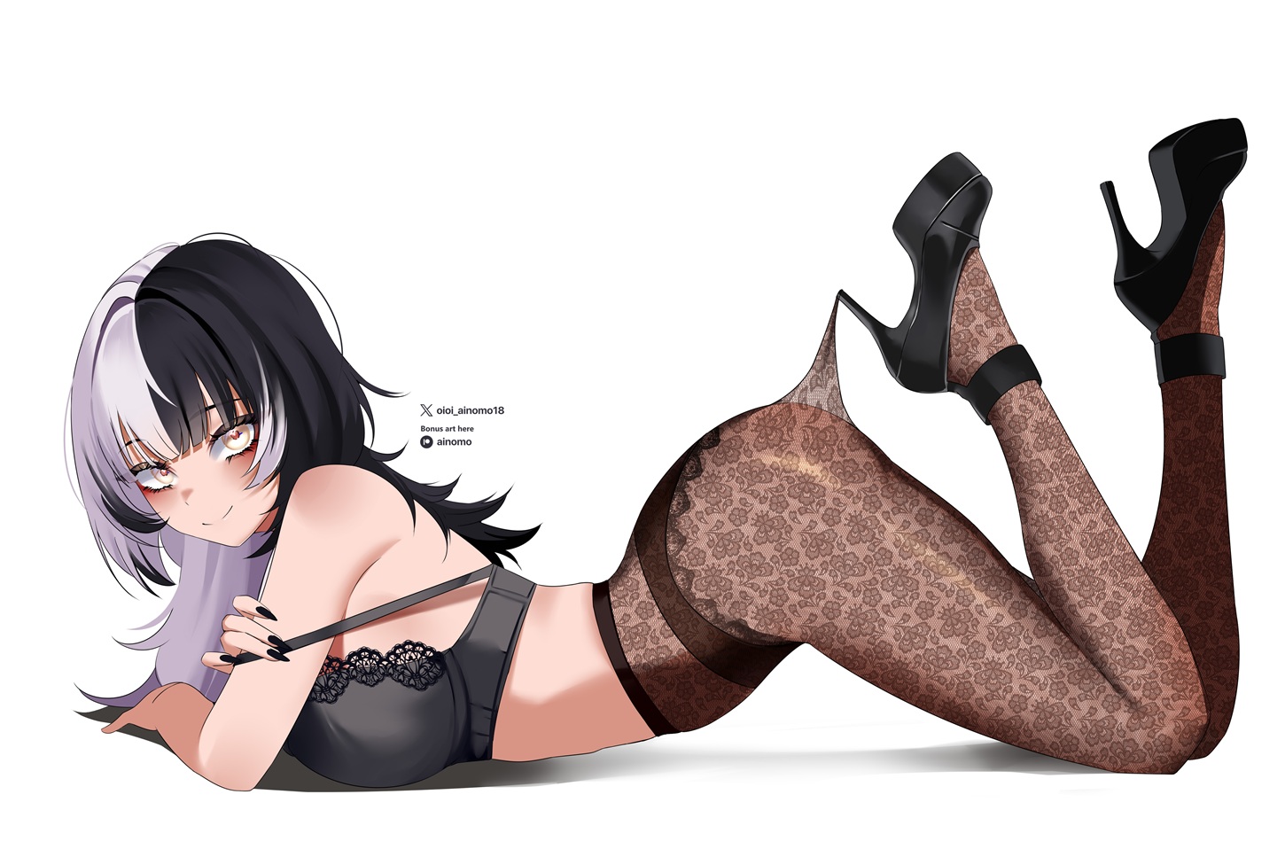 oioi ainomo, shiori novella, hololive, hololive english, commentary, symbol-only commentary, 1girl, ass, black bra, black hair, black pantyhose, black shoes, bra, breasts, closed mouth, full body, grey hair, high heels, lace pantyhose, lace pantyhose hooked on heel (meme), large breasts, long hair, looking at viewer, lying, meme, multicolored hair, on stomach, pantyhose, platform heels, shoes, simple background, smile, solo, split-color hair, strap slip, streaked hair, the pose, two-tone hair, underwear, virtual youtuber, white background, yellow eyes