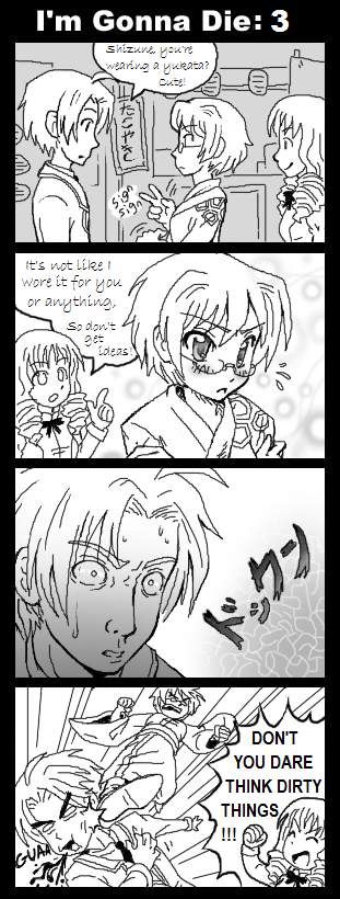 pimmy, hakamichi shizune, mikado shiina, nakai hisao, katawa shoujo, hard-translated, third-party edit, translated, 10s, 1boy, 2girls, 4koma, :<, blood, comic, english text, glasses, greyscale, heart attack, japanese clothes, kicking, kimono, monochrome, multiple girls, so moe i'm gonna die!, speech bubble, tsundere, yukata