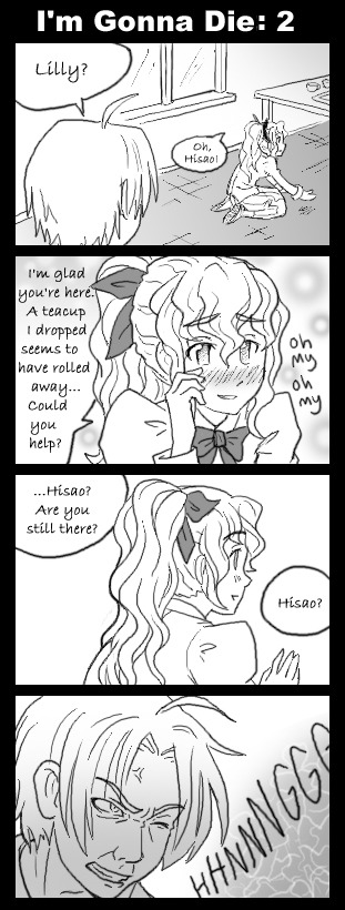 pimmy, nakai hisao, satou lilly, katawa shoujo, hard-translated, third-party edit, translated, 10s, 4koma, blind, blush, bow, comic, cup, english text, greyscale, hair bow, heart attack, long hair, monochrome, ponytail, puffy sleeves, school uniform, so moe i'm gonna die!, speech bubble, teacup, window