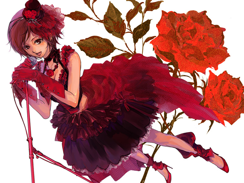 nr, nr (takeno), meiko (vocaloid), vocaloid, bad id, bad pixiv id, 1girl, breasts, brown eyes, brown hair, cable, cleavage, dress, female focus, flower, full body, gloves, hat, jewelry, microphone, microphone stand, midriff peek, necklace, open mouth, red hat, red theme, rose, simple background, solo, standing, white background