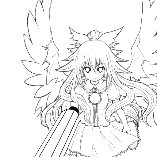 moto jukensei, reiuji utsuho, touhou, 1girl, bow, female focus, greyscale, hair bow, long hair, monochrome, simple background, skirt, solo, white background, wings