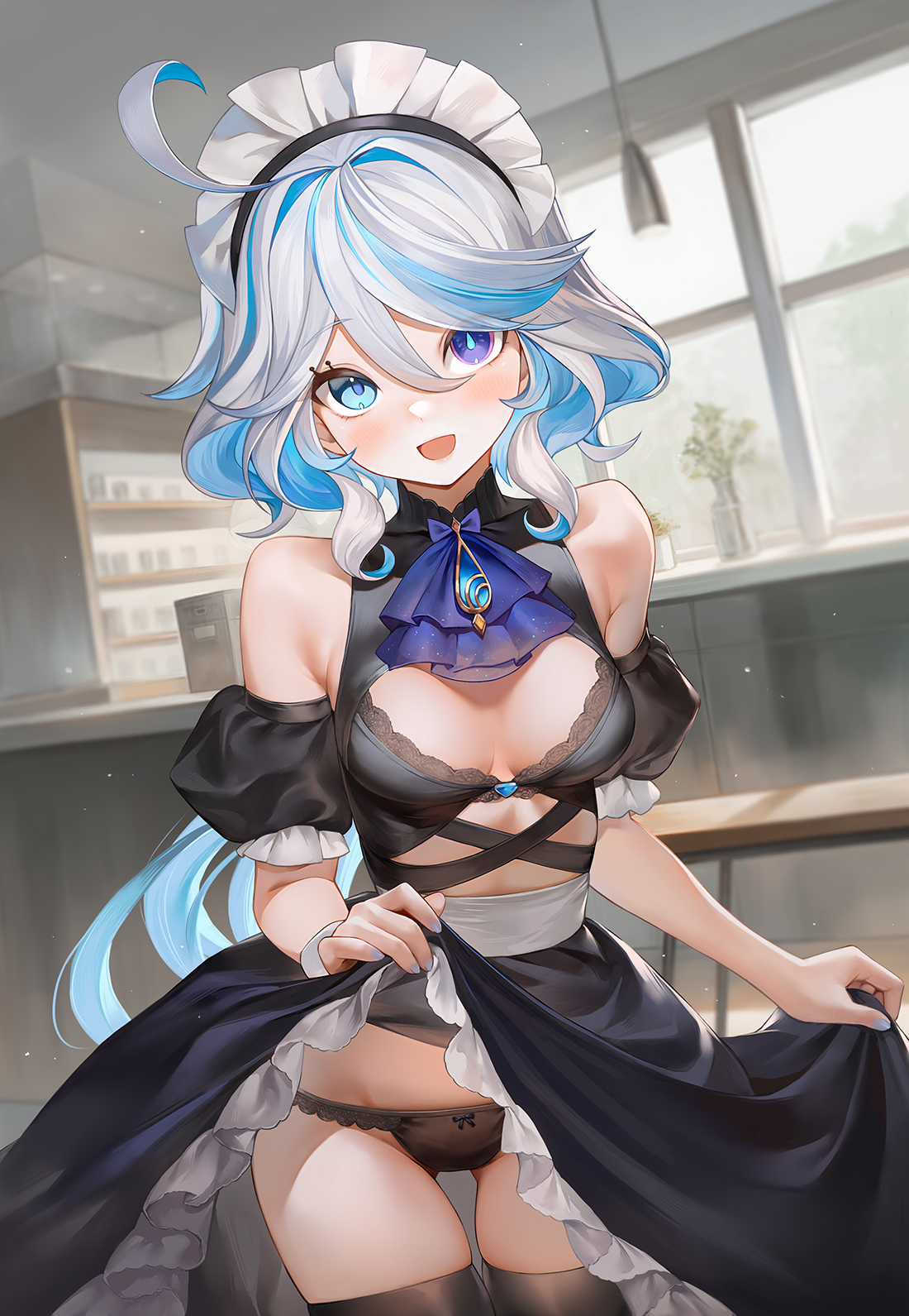 ziko, furina (genshin impact), genshin impact, highres, revision, 1girl, alternate costume, black panties, blue eyes, blue hair, breasts, bright pupils, cleavage, heterochromia, indoors, looking at viewer, maid, maid headdress, medium breasts, multicolored hair, open mouth, panties, smile, solo, two-tone hair, underwear, white hair, white pupils, window