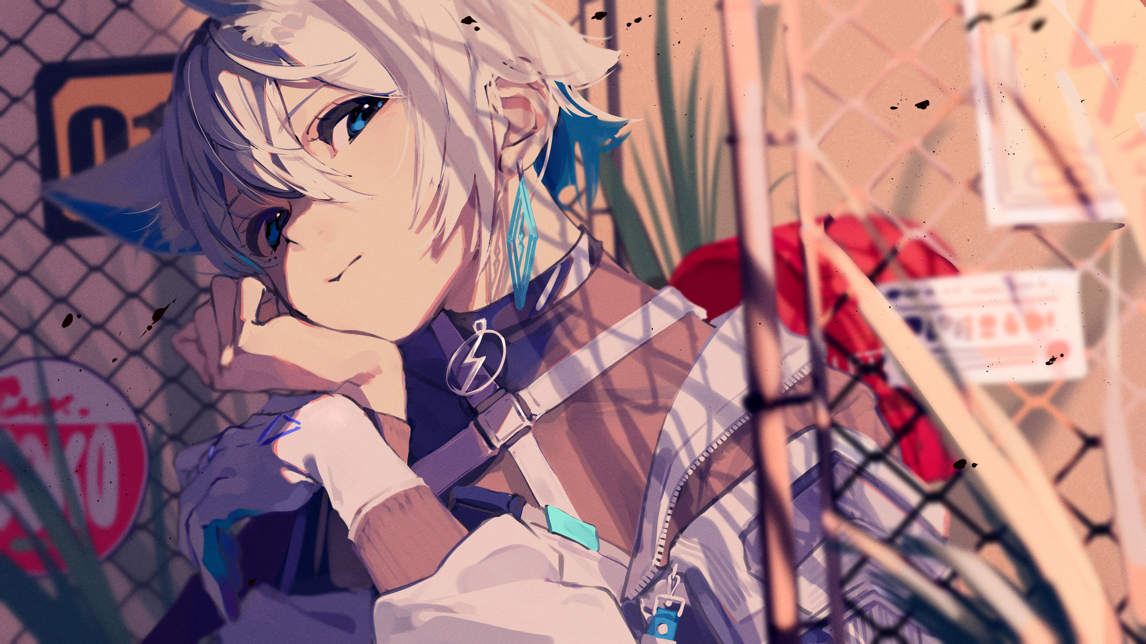 ritao kamo, cevio, absurdres, highres, animal ear fluff, animal ears, blue eyes, coko (cevio), fence, frown, light frown, looking at viewer, pointy ears, short hair, white hair