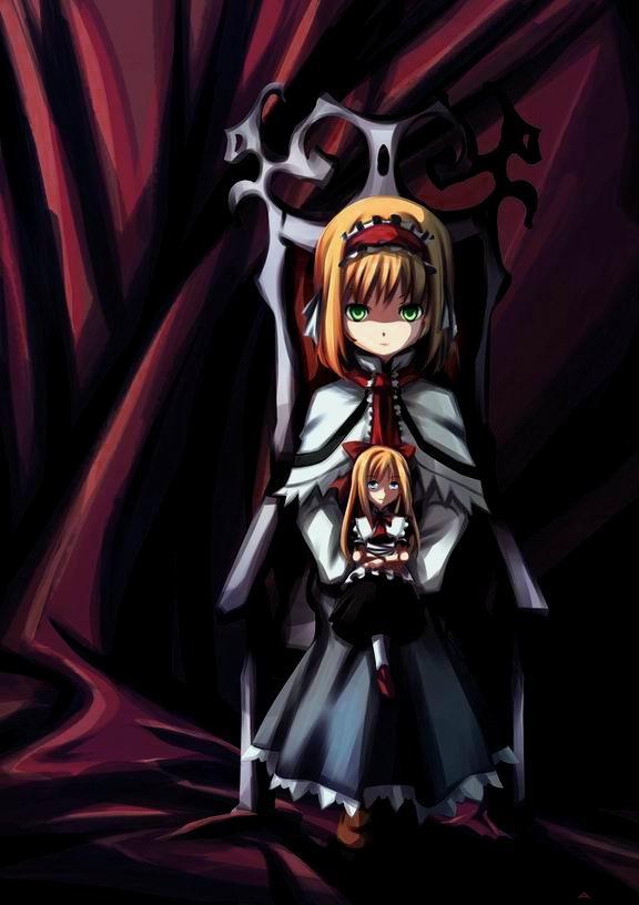 vinashyra, alice margatroid, shanghai doll, touhou, 2girls, blonde hair, female focus, full body, green eyes, hairband, multiple girls, short hair, sitting, solo