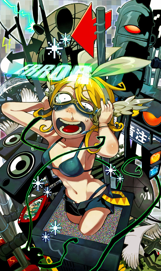 hatsune miku, kagamine rin, noroi no megane (vocaloid), vocaloid, bad id, bad pixiv id, bikini, bikini top only, bird, blonde hair, glasses, hair ribbon, lightning, midriff, navel, ribbon, road sign, shorts, sign, solo, swimsuit, television, traffic light